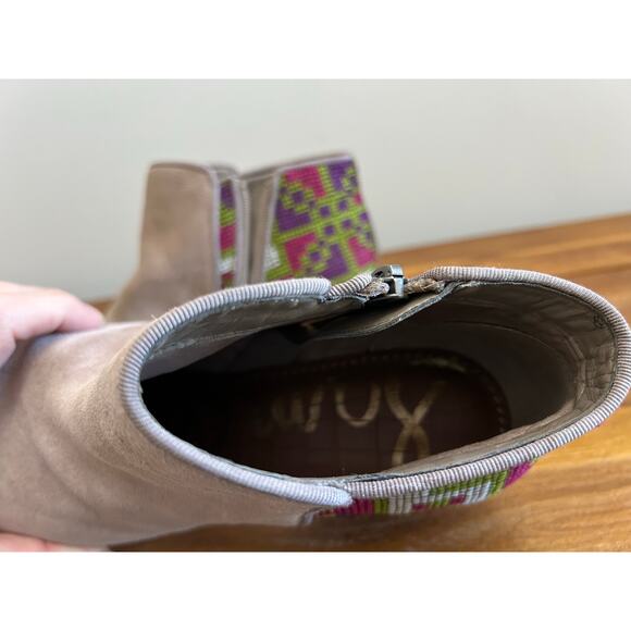 Sam Edelman Beige Suede Leather Embroidered Ankle Boots Southwestern Aztec - Picture 6 of 8